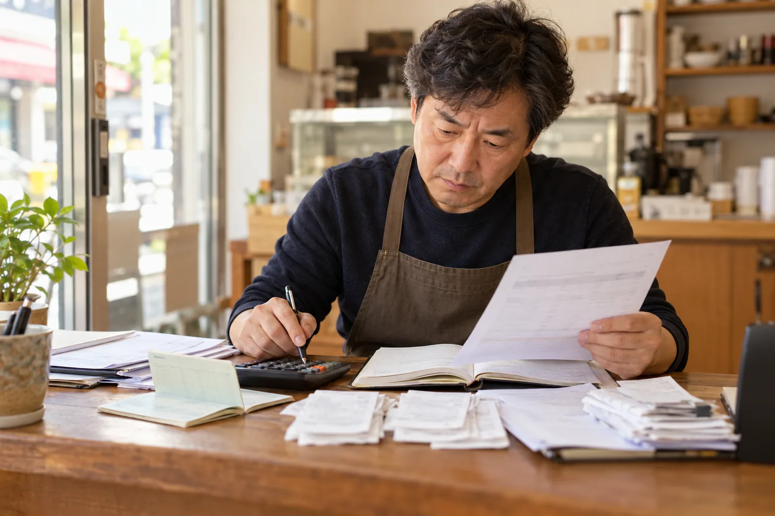 소상공인이 매출 정산 서류와 통장 거래내역을 대조하는 장면