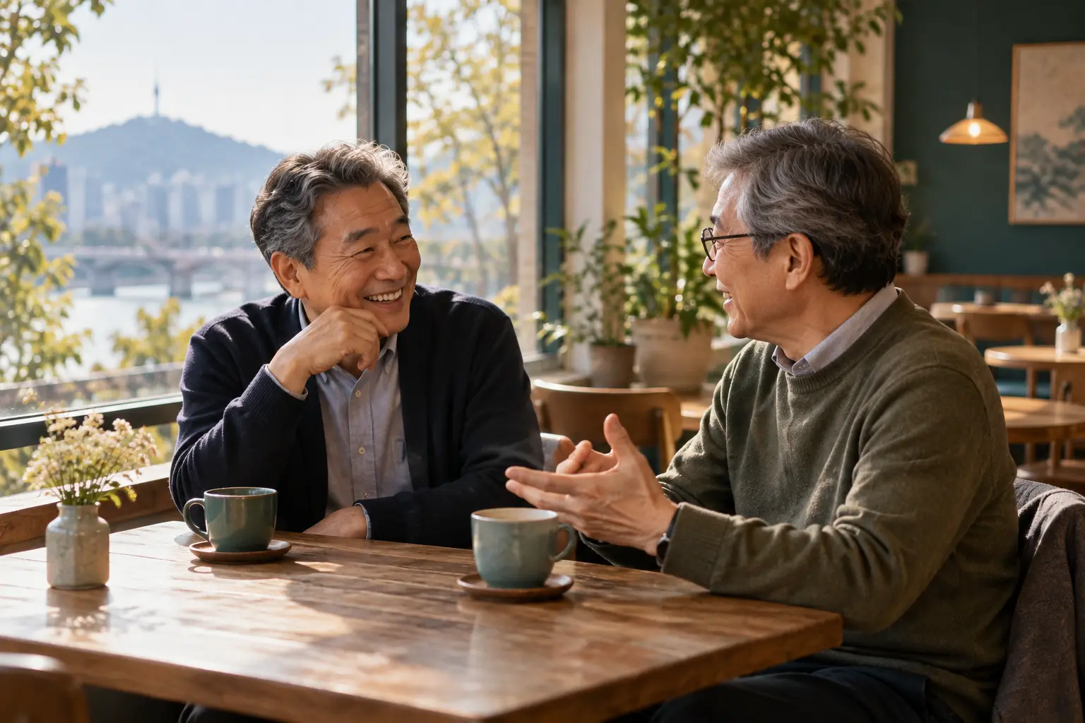 동네 카페에서 대화를 나누는 퇴직 후의 두 친구